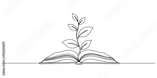 Continuous one line of a plant growing from a book, knowledge and growth theme, drawn illustration.