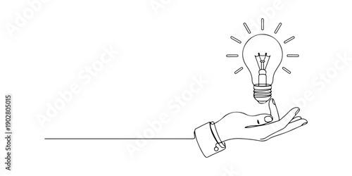 Continuous one line of a hand holding a glowing idea bulb shape, innovation symbolism, drawn illustration.