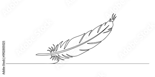 Continuous one line of a feather floating above a baseline, lightness theme, drawn illustration.