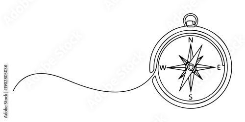 Continuous one line of a compass with a flowing directional line, guidance concept, drawn illustration.