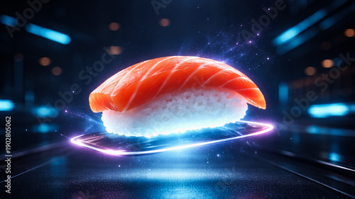 宙に浮かぶ近未来のお寿司、未来的フードコンセプト/Futuristic Sushi Floating in Mid-Air, Near Future Food Concept Generative AI