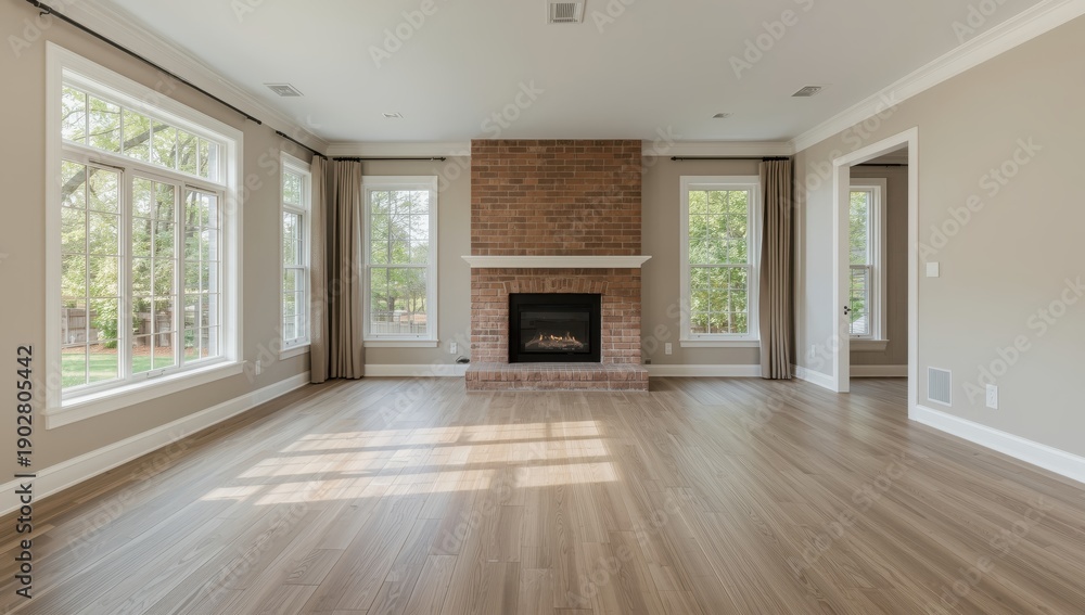 Fototapeta premium A spacious, bright room featuring big windows, laminate floors, and a brick fireplace, perfect for design ideas