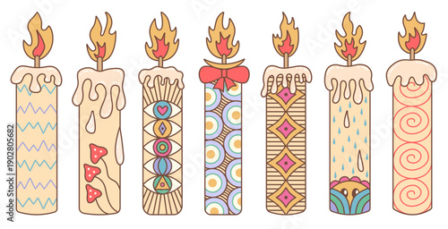 Color long candle vector set, retro groovy illustrations with psychedelic patterns. Various high candles with melted wax and flame. Vintage mind-blowing cliparts with abstract shapes