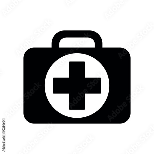 first aid kit sign, medical emergency box black vector icon