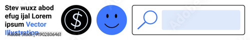 Finance, online search, monetary value, user interfaces, digital resources, happiness tracking. Blue happy face, dollar symbol and magnifying glass near a search field. Finance and online search