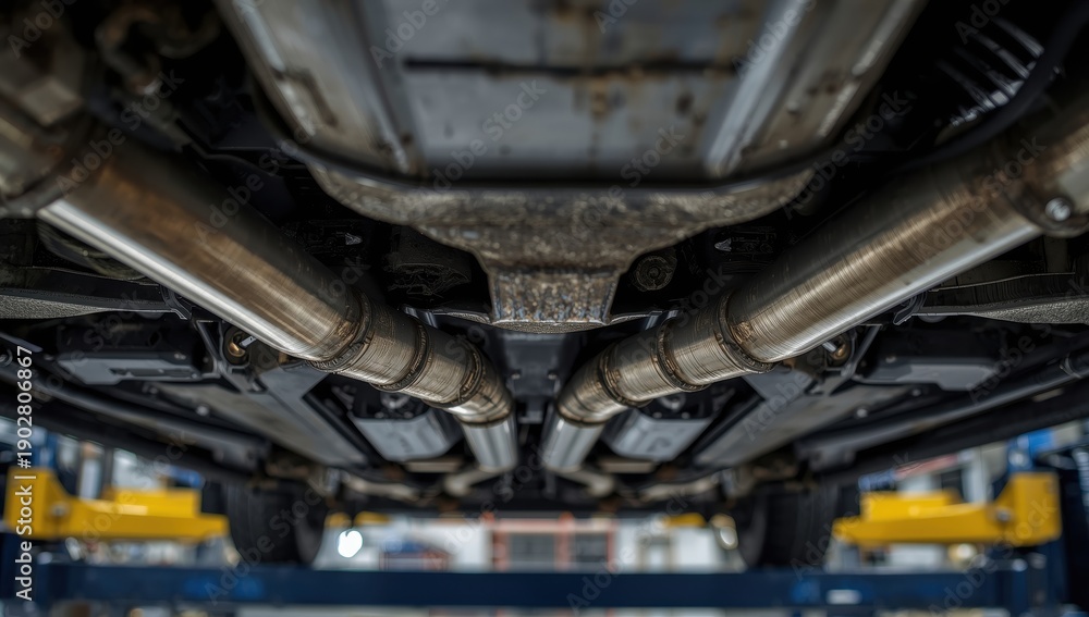 Obraz premium Detailed underside view of a car's metal exhaust muffler. Maintenance and repairs at an auto shop