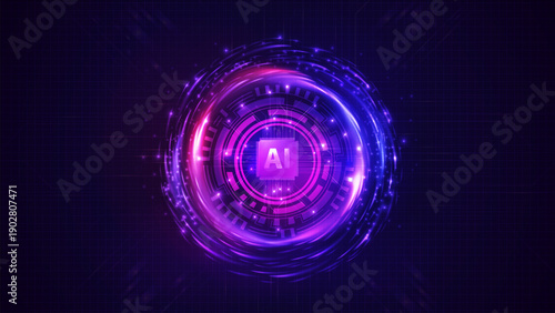 Artificial Intelligence computer database concept. Glowing purple circle with Artificial Intelligence chip in the meddle. Tech Futuristic Template. Central Computer Processors CPU concept.