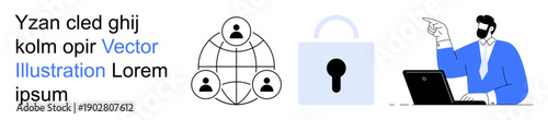 Data security, online communication, digital protection, privacy, remote work, professional computing. Human figure pointing at a laptop with a lock and network symbols. Cybersecurity and online