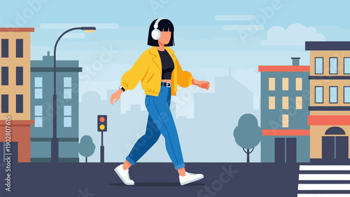 Stylish young woman enjoying a leisurely walk through the vibrant city streets, listening to music with headphones, embracing the modern urban lifestyle