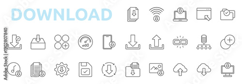 download icon outline style with file, wifi, laptop, window, folder check, download, upload, link, database network icons