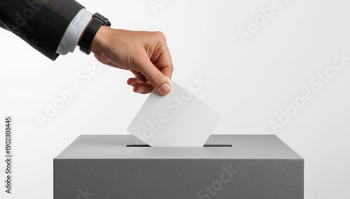 A man's hand places a ballot into a box against a white background, symbolizing state elections
