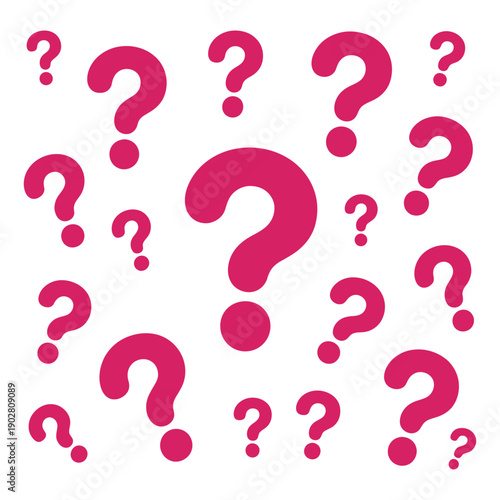 A collection of pink question marks on a white background