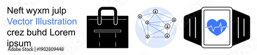 Technology, business development, health tracking, connectivity, innovation, AI solutions. Icons of briefcase, network diagram smartwatch with heartbeat. Technology and business development concepts
