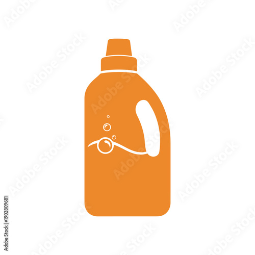Orange liquid detergent bottle with handle and bubbles.