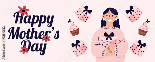 Mothers Day greeting card banner with gift boxes and cupcakes illustration