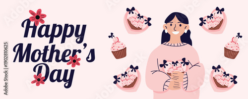 Mothers Day greeting card banner with mom gift boxes and cupcakes illustration