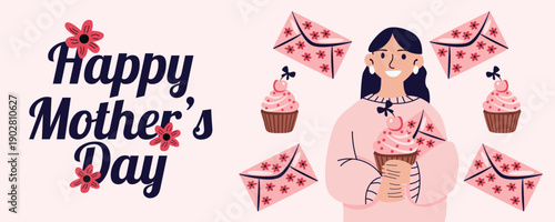 Mothers Day greeting card banner with mom cupcakes and greeting letters illustration