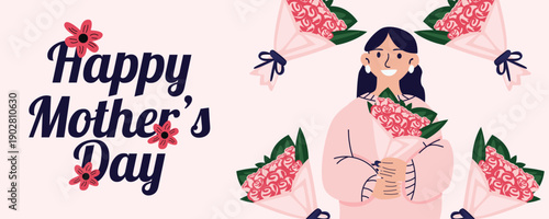 Mothers Day greeting card banner with mom holding flower bouquets illustration