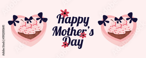 Mothers Day greeting card banner with gift box and cupcakes illustration