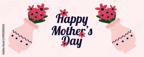 Mothers Day greeting card banner with flowers in vase illustration
