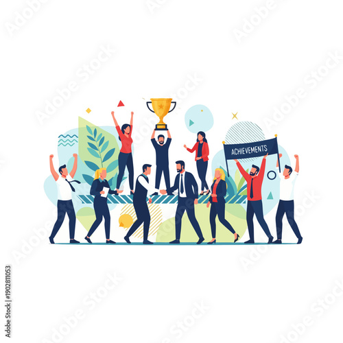 Team celebrating business success with trophy and achievements banner