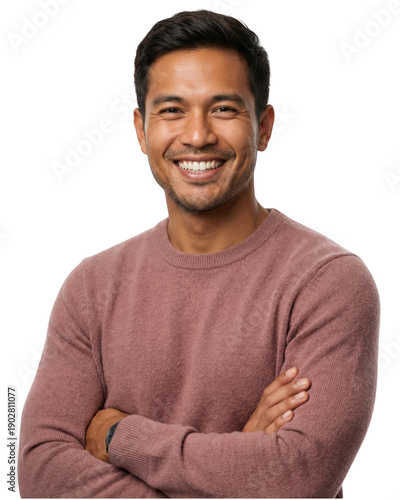 Smiling Confident Man in Dusty Rose Sweater Posing with Arms Crossed for a Studio Portrait