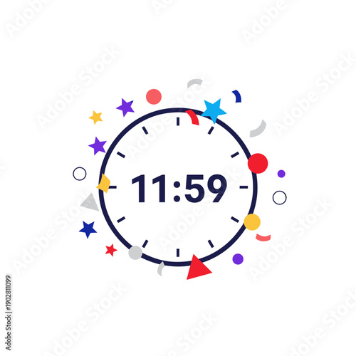 Countdown to 12 o'clock with colorful stars and shapes