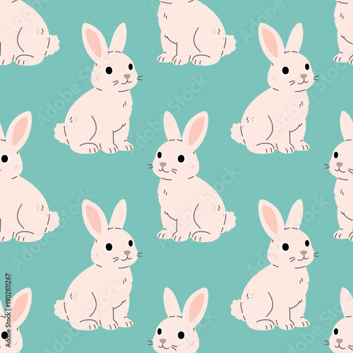 Seamless pattern with cute white Easter bunnies on a pastel background. Flat cartoon rabbits repeating texture, perfect for Easter designs, children prints, wrapping paper, textiles, nursery decor and