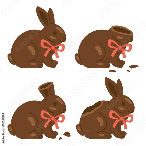 Set of cute chocolate Easter bunnies with ribbon bow, showing bitten and broken stages. Flat vector illustration of chocolate rabbit candy, perfect for Easter designs, sweets packaging, cards and chil