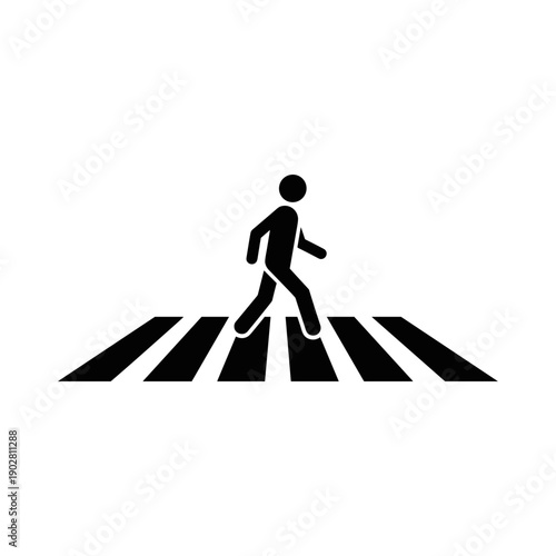 Pedestrian crossing street icon, black and white graphic illustration.