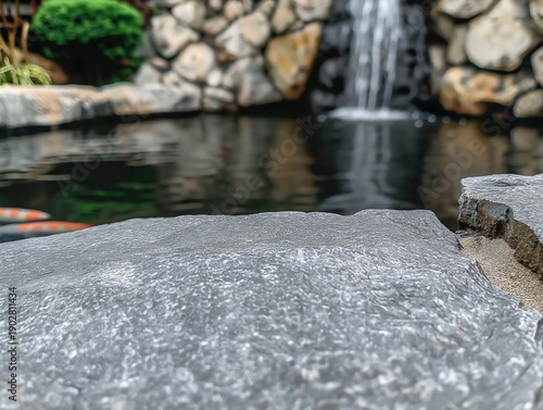 Wallpaper Mural Rock surface providing copy space with a blurred background of a serene koi pond, flowing waterfall, and garden elements Torontodigital.ca