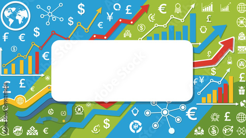 Colorful infographic template with various financial symbols and graphs for business presentation