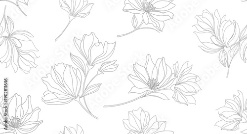 Seamless pattern of delicate line art flowers with thin grey outlines on a clean white background, creating an elegant botanical design.