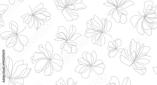 Seamless pattern of delicate line art flowers on a white background, featuring elegant minimalist floral outlines for various designs.