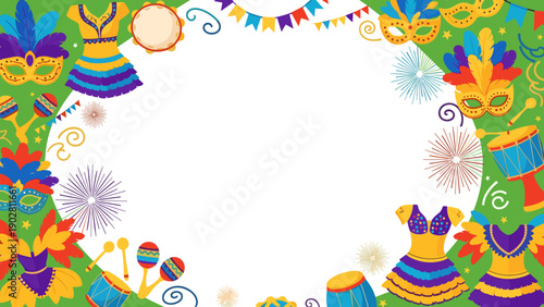 Vibrant mardi gras border with colorful masks, fireworks, and festive decorations on green background