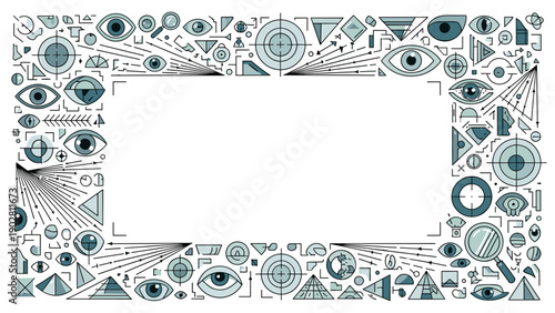 A colorful border of various shapes and eyes in teal and gray tones