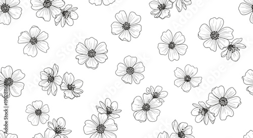Seamless pattern of delicate hand-drawn outline flowers in black and white on a clean white background, creating a minimalist floral design.