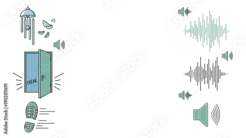Sound waves and speaker icons with various audio signal graphics