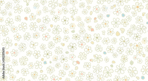 Seamless pattern of delicate hand-drawn outline flowers and scattered pastel dots on a clean white background, creating a gentle and minimalist floral design.