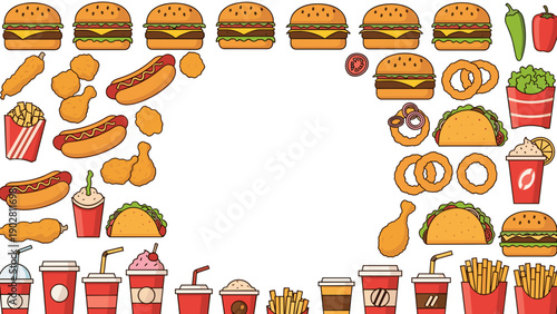 A variety of fast food items arranged in a square border on a with burgers, fries, nuggets, and drinks