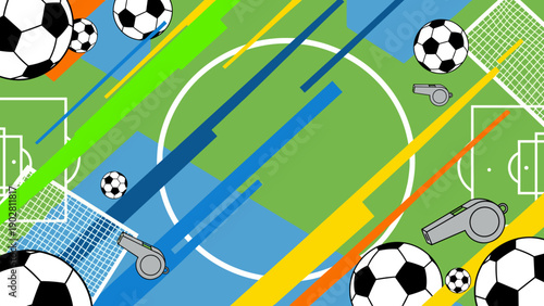 Vibrant soccer field illustration with colorful streaks and various soccer balls and equipment on green turf