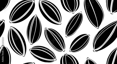 Seamless pattern of black sunflower seeds with white outlines scattered on a white background.