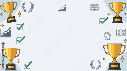 A digital illustration of a gold trophy and various achievement icons on a light blue background with a white banner at the bottom for text or other elements