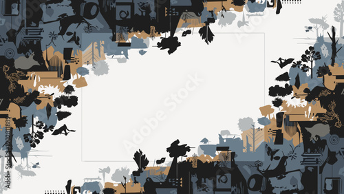 Cityscape frame with trees and buildings in abstract style