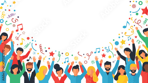 Diverse group of people celebrating with colorful confetti and music notes