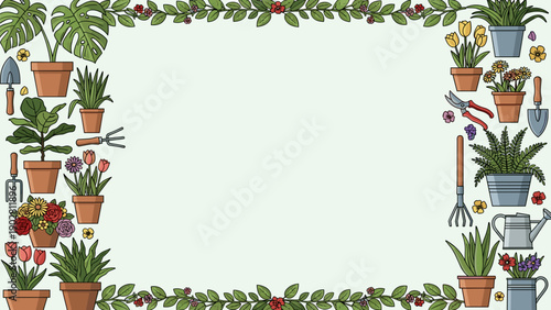 Colorful garden border with potted plants and gardening tools on for decoration and design