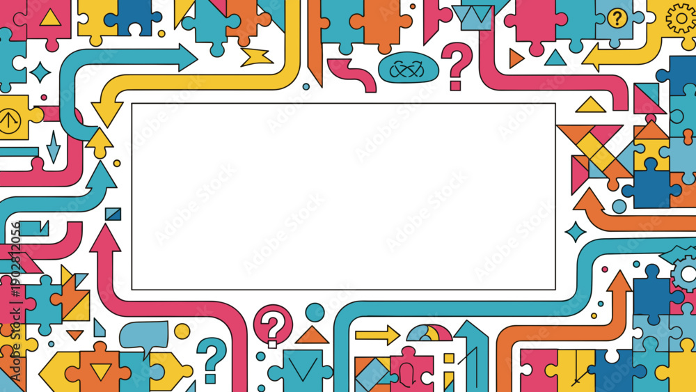 Naklejka premium Colorful puzzle pieces and symbols border with question marks and arrows on for infographic or presentation