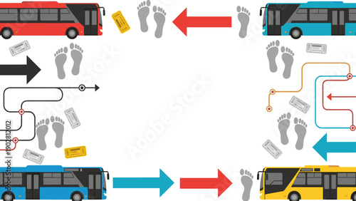 Colorful illustration of people transferring between buses with arrows and money