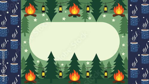 A green forest scene with campfires and lanterns around trees and stars on a night sky background with a large blank space in the center for text or design