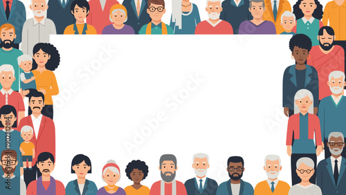 Diverse group of people forming a border around a blank white space for text or design elements in a colorful illustration